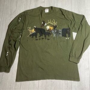 Anvil vintage 1999 long sleeve t shirt olive animals print size LARGE Men .